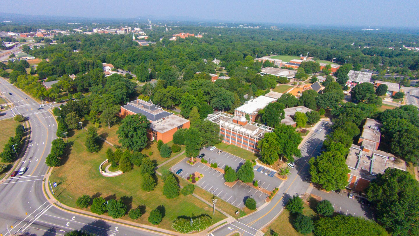 Aerial view of Hickory campus during afternoon