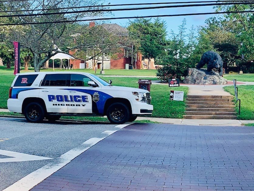 A police vehicle sits on campus. 
